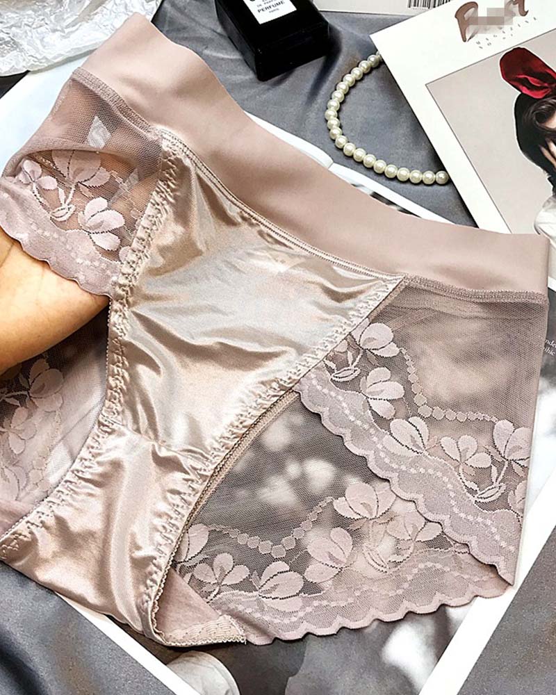 High-End Satin Light Luxury Lace High-Waisted Belly Panties