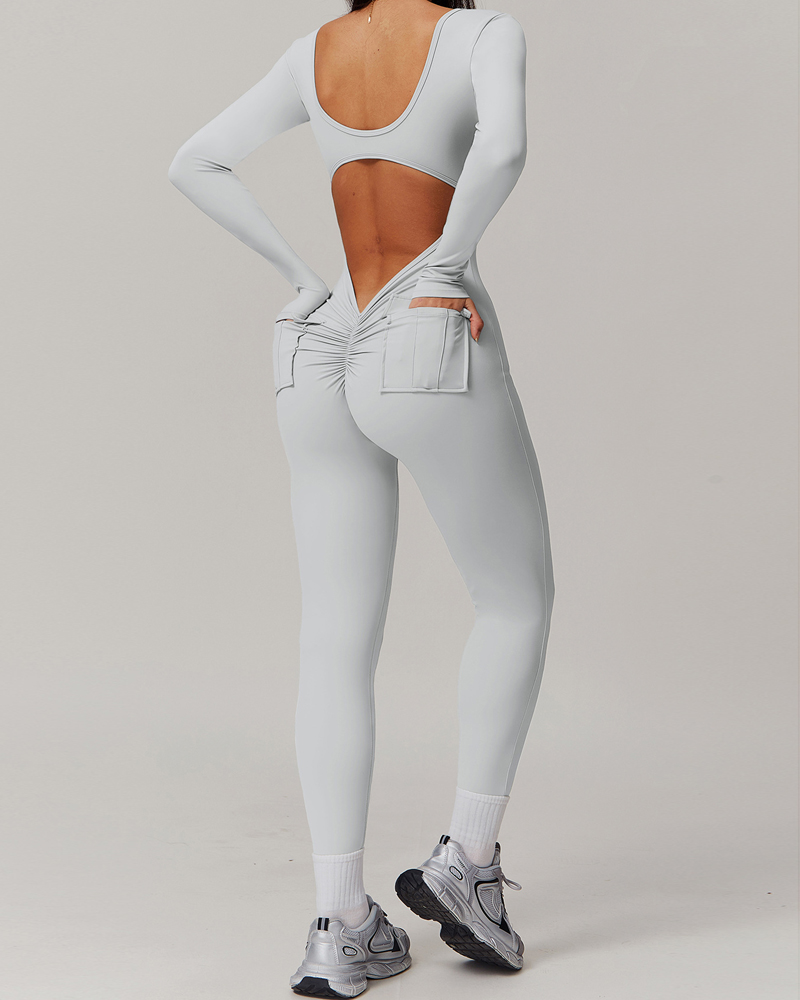 Back Pocket Open Back Yoga Bodysuit