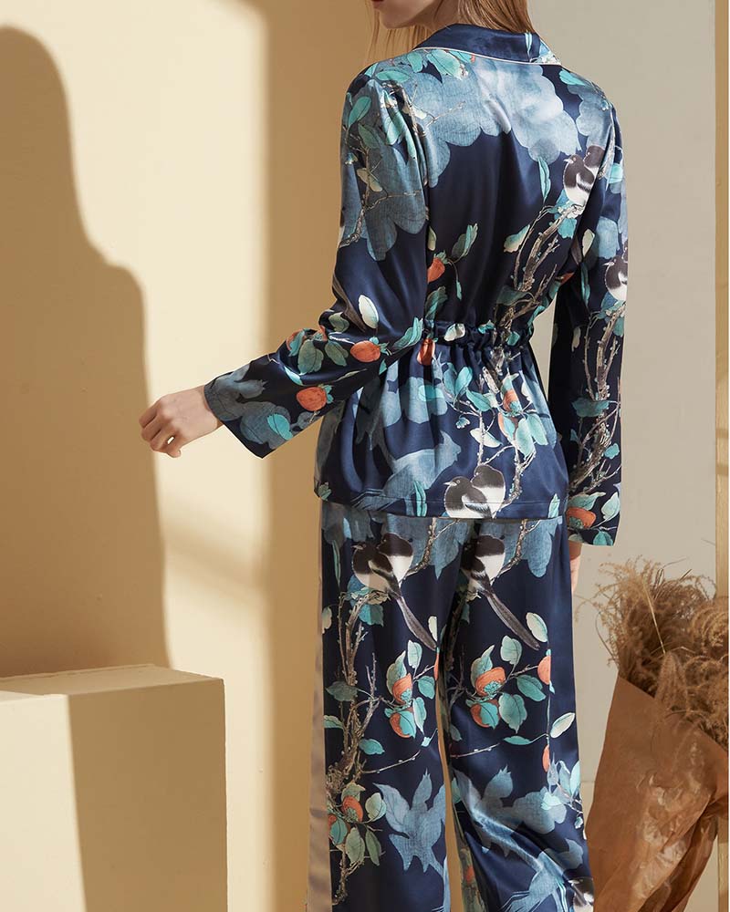Lapel Printed Satin Pajama Set