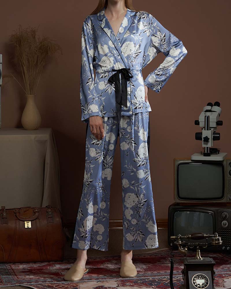 Lapel Printed Satin Pajama Set