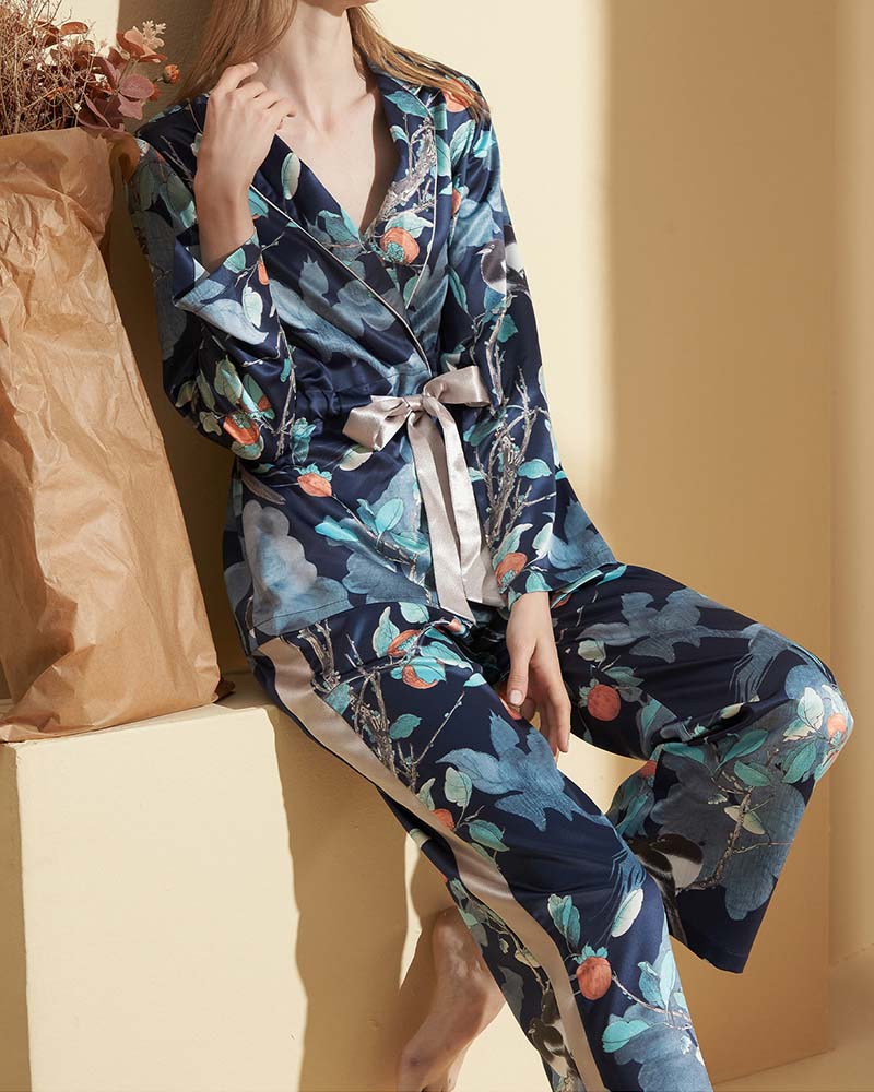 Lapel Printed Satin Pajama Set