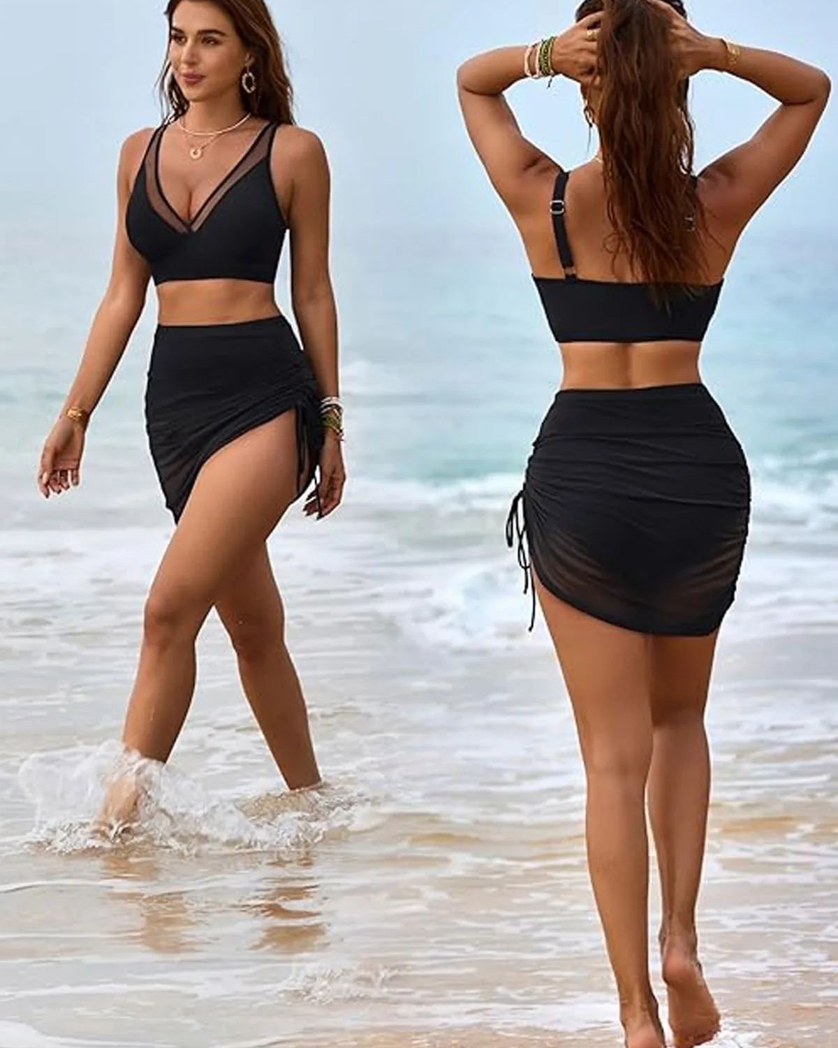 Swim Skirt High Waisted Bikini Sets Tummy Control Swimsuits Mesh Sarong Wraps Bathing Suits
