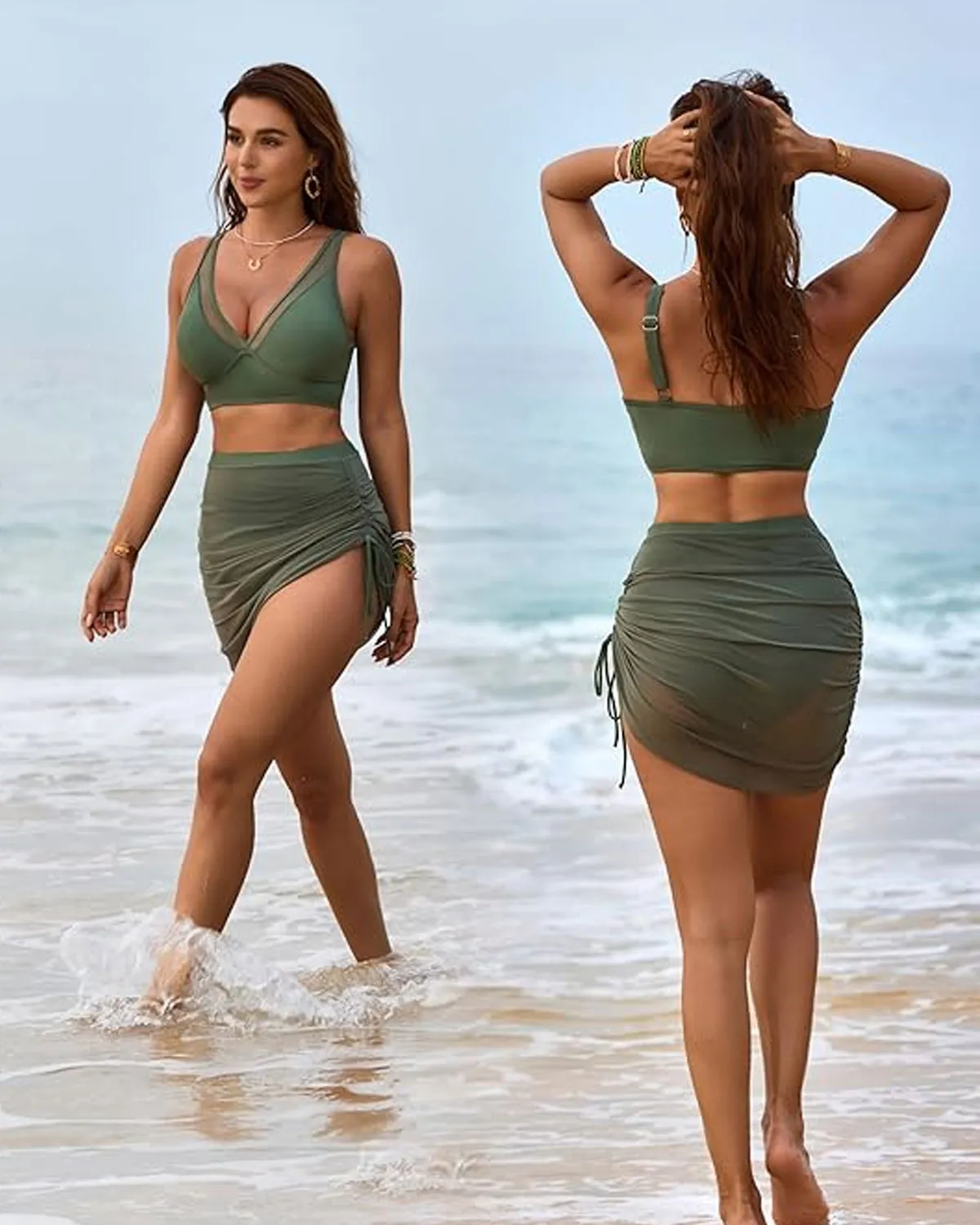 Swim Skirt High Waisted Bikini Sets Tummy Control Swimsuits Mesh Sarong Wraps Bathing Suits