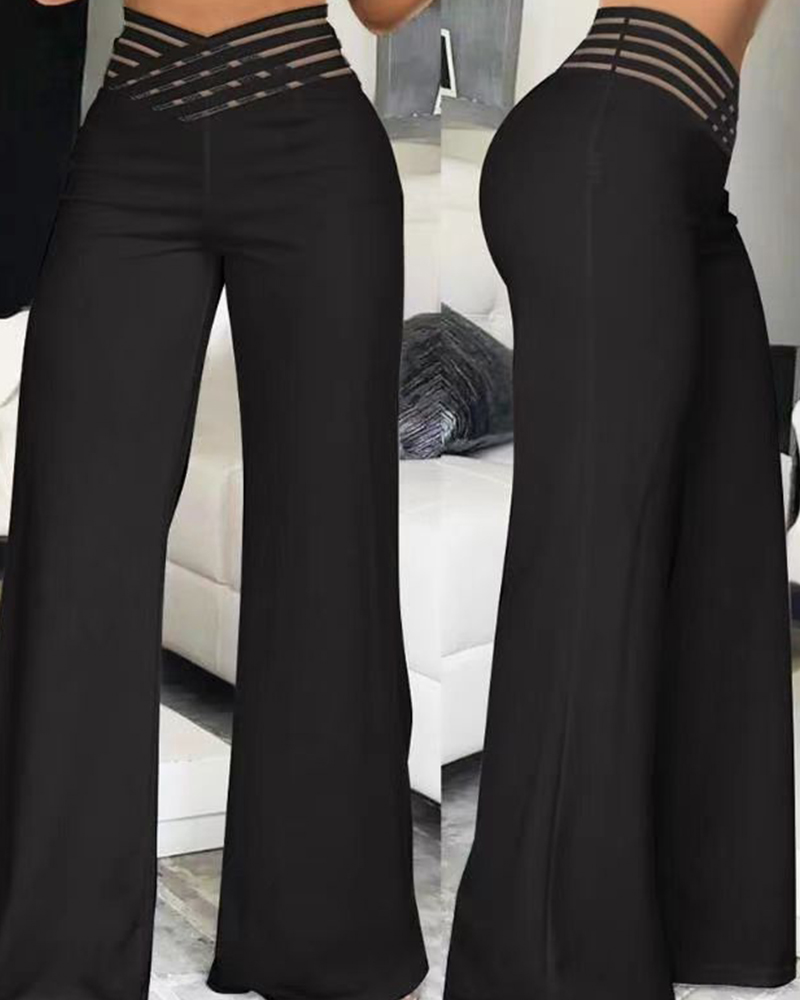 Pants Wide Leg Y2k High Waist Pants Sexy Crisscross Sheer Mesh Office Chic Flared Trousers Spicy Kpop Street Casual Korean Female Pant