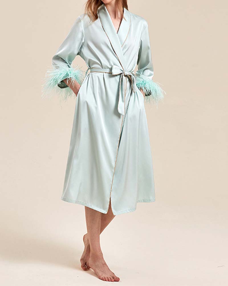 Ice Silk Satin Cuff Feather Robe